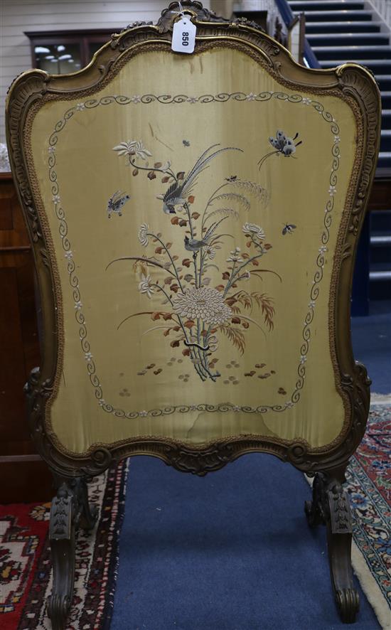 A Louis XV style gilt Chinese silk embroidered fire screen W.84cm
